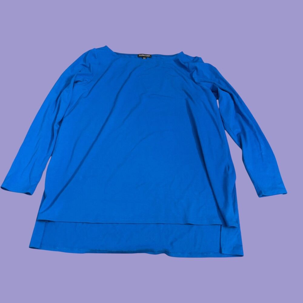 Eileen Fisher Tunic Top Women M Blue Stretch Essential Long Sleeve High Low Slit